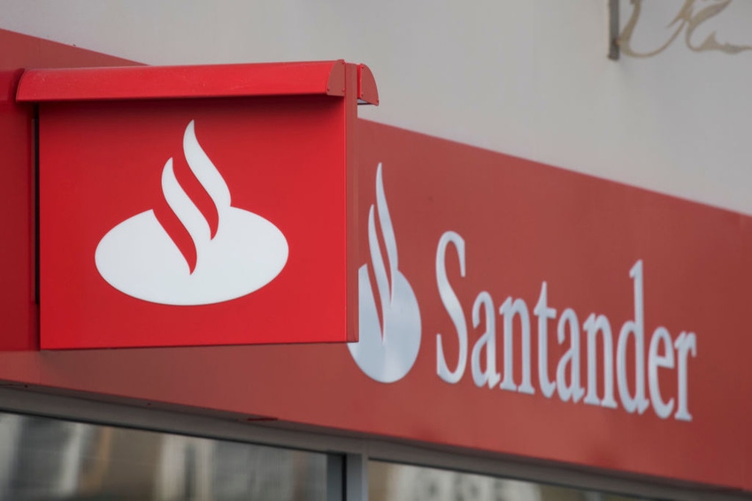 The sign outside Santander Bank with the name of the bank on it. 