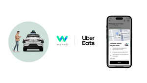 A split image of a Waymo self-driving car and the Uber Eats app on a smartphone.