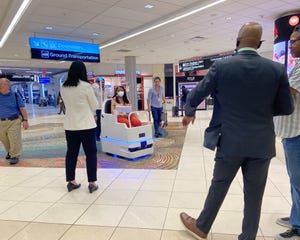 Image shows A&K Robotics' self-driving robot pods are being tested at Hartsfield-Jackson Atlanta International Airport