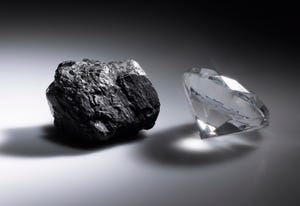 An image of a piece of coal alongside a diamond