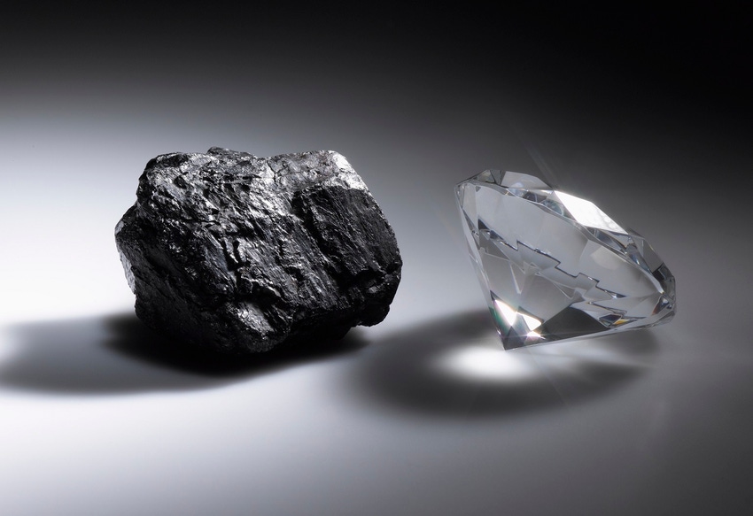 An image of a piece of coal alongside a diamond An image of a piece of coal alongside a diamond