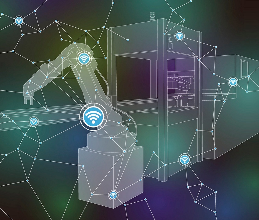 Illustration of factory machine with robotic arm and wireless connections