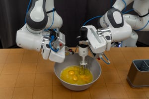 Two robot arms using a hand mixer to mix eggs in a bowl. 