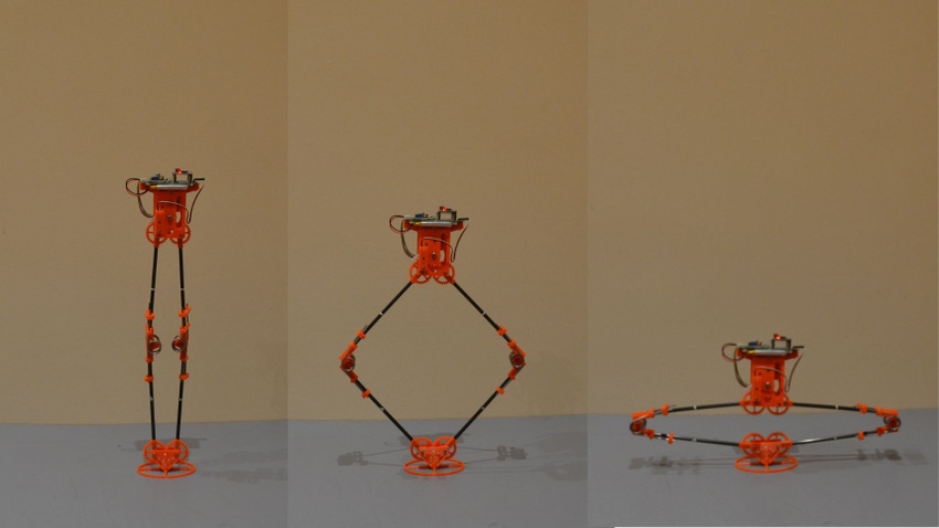 A jumping robot in three stages of sproing
