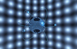 A CGI image representing an atom with orbiting electrons