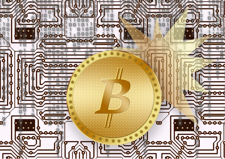 Illustration of Bitcoin symbol in front of computer processor background