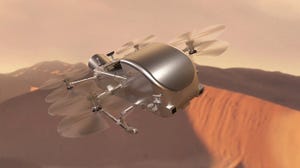 Artist’s impression of Dragonfly soaring over the dunes of Saturn’s moon Titan