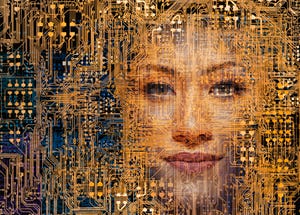 Image shows a woman's face within a network of computer circuitry in an image about hackers and security issues