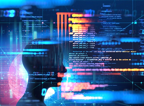 Image shows silhouette of virtual human and nebula cosmos 3d illustration , represent scientific concept of brain creativity Image shows silhouette of virtual human and nebula cosmos 3d illustration , represent scientific concept of brain creativity