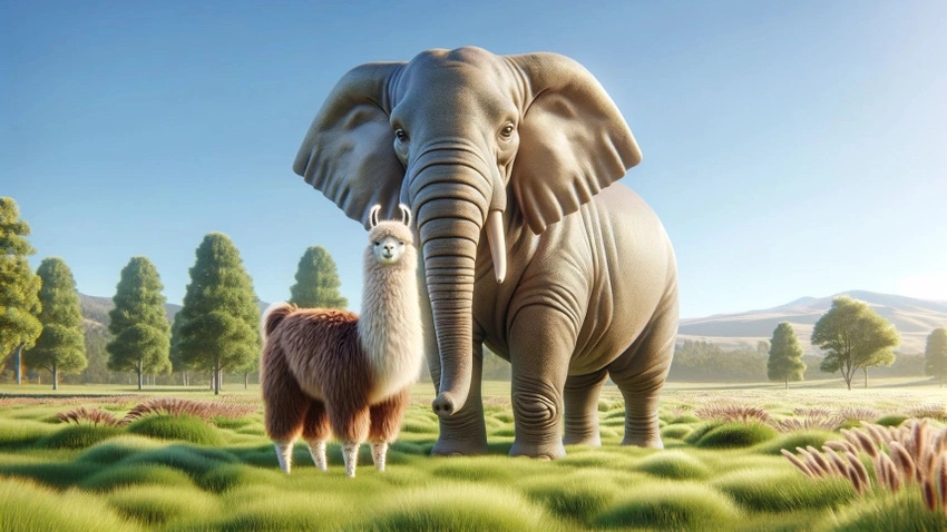 An AI generated image of an elephant and a llama