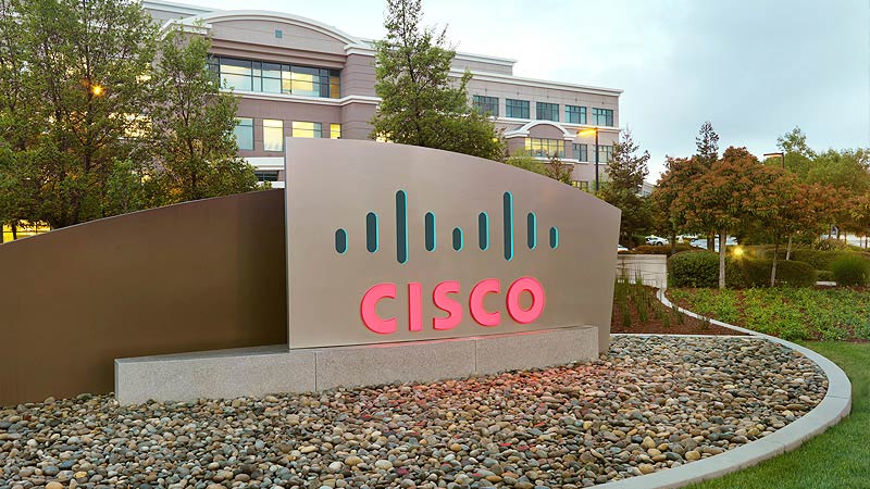 A Cisco building with the corporate logo outside. 