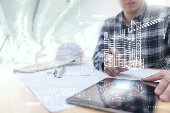 Engineer or Architect looking and touching interface with building design in AR Engineer or Architect looking and touching interface with building design in AR