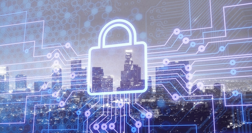 Digital lock icon and city background, concept of data security Digital lock icon and city background, concept of data security