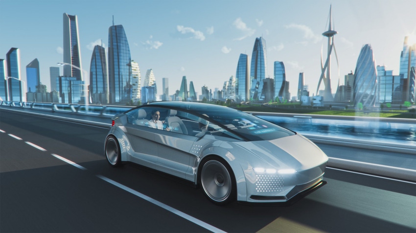 Image shows a Futuristic Self-Driving Van Moving on a Public Highway in a Modern City with Glass Skyscrapers. Beautiful Femal Image shows a Futuristic Self-Driving Van Moving on a Public Highway in a Modern City with Glass Skyscrapers. Beautiful Femal