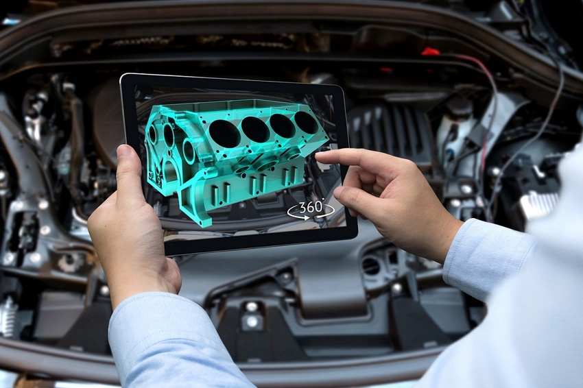 Augmented reality technology and engineering marketing concept. Hand holding tablet with AR service application to rotate 3d Augmented reality technology and engineering marketing concept. Hand holding tablet with AR service application to rotate 3d