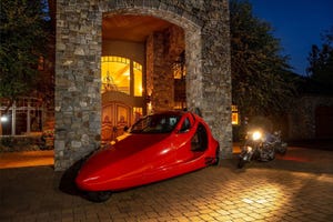 Samson Sky's high-performance Switchblade "flying sports car" parked in a driveway