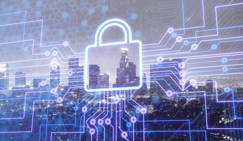 Image shows digital lock icon and city background, concept of data security Image shows digital lock icon and city background, concept of data security