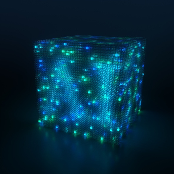 Image shows a Three dimensional memory cube, the representation of cloud computing or quantum computing with letters AI for A