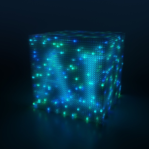 Image shows a Three dimensional memory cube, the representation of cloud computing or quantum computing with letters AI for A Image shows a Three dimensional memory cube, the representation of cloud computing or quantum computing with letters AI for A