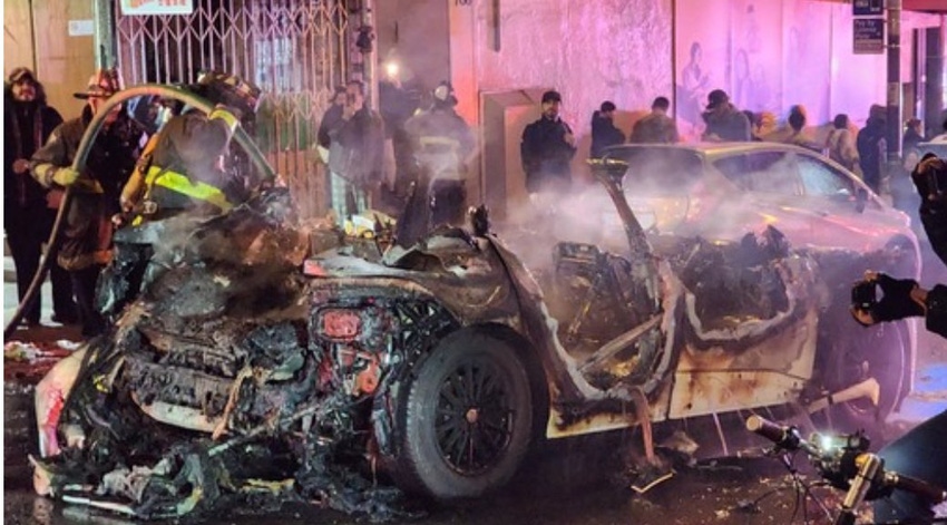 A self-driving Waymo taxi was attacked by a crowd and set on fire in San Francisco during the city’s Lunar New Year celebrations.