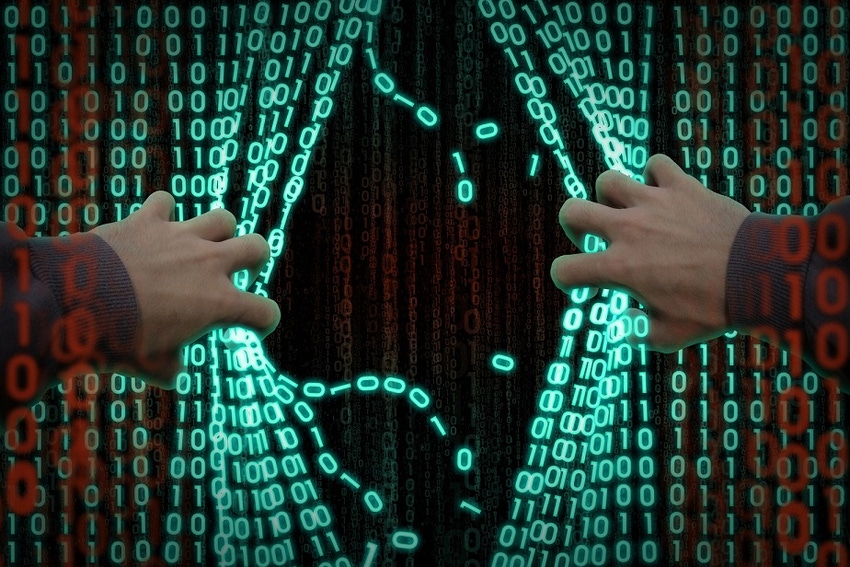 Abstract illustration of hacker entering curtain of computer code