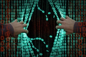 Abstract illustration of hacker entering curtain of computer code