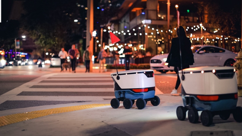 Image shows Uber Eats food delivery robots