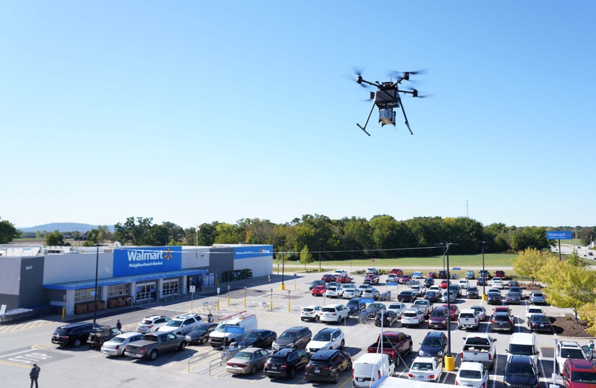 Image shows a Walmart drone in action.