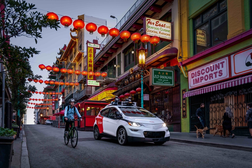 A self-driving taxi in Chinatown.