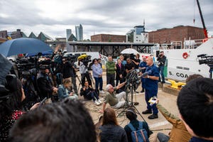 US Coast Guard Captain Jamie Frederick speaks during a press conference about the search efforts for missing sub near the wreck of the Titanic