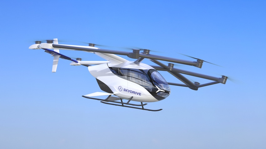 The SkyDrive eVTOL aircraft in the sky.