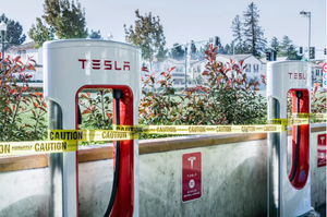 Image shows a new Tesla charging station about to open in downtown Sunnyvale, Silicon Valley, San Francisco bay