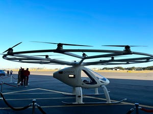 Volocopter's VoloCity Air Taxi on the runway at Tampa International Airport during a demonstration event.