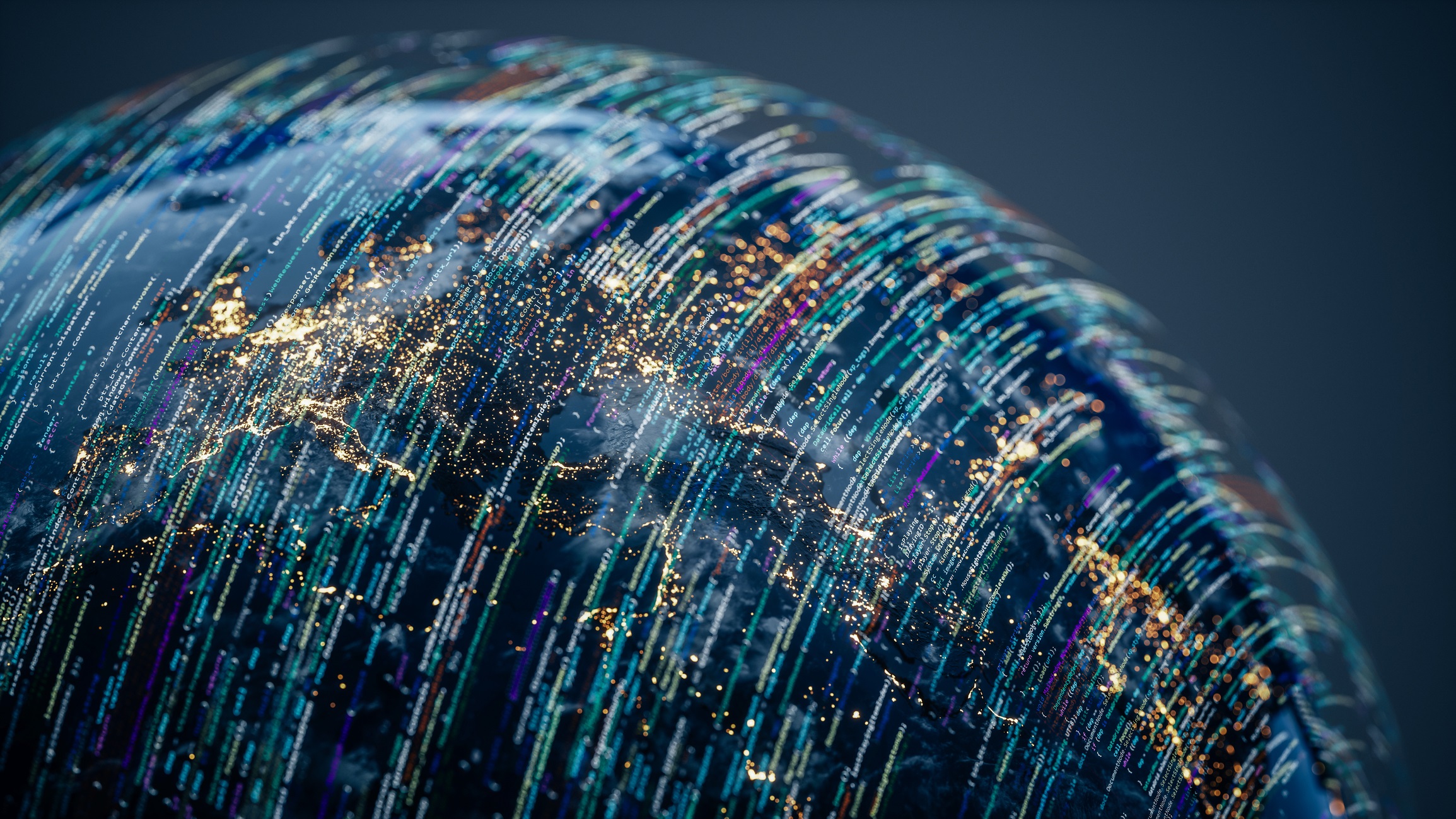 A globe formed of illuminated ones and zeroes