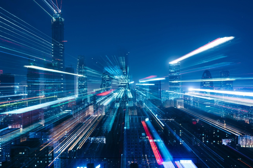 Image of a virtual city in blur motion Image of a virtual city in blur motion