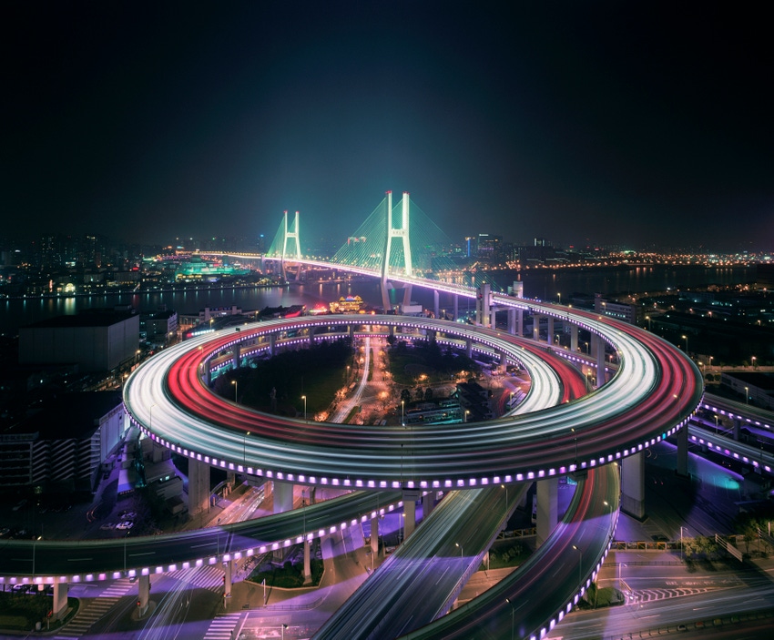 Image shows Shanghai's Nanpu bridge illuminated at night Image shows Shanghai's Nanpu bridge illuminated at night