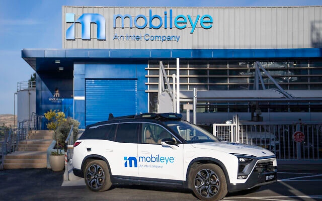 A self-driving vehicle from Mobileye’s autonomous fleet sits outside Mobileye’s autonomous vehicle workshop in Israel.