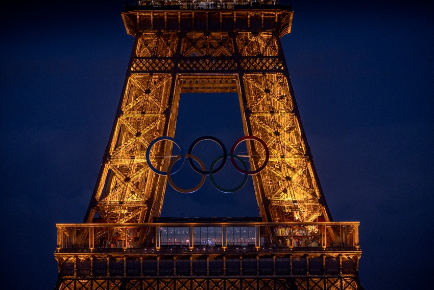 The Olympic rings are seen on the Eiffel Tower ahead of the start of the Paris 2024 Olympic Games on June 12, 2024 in Paris, France