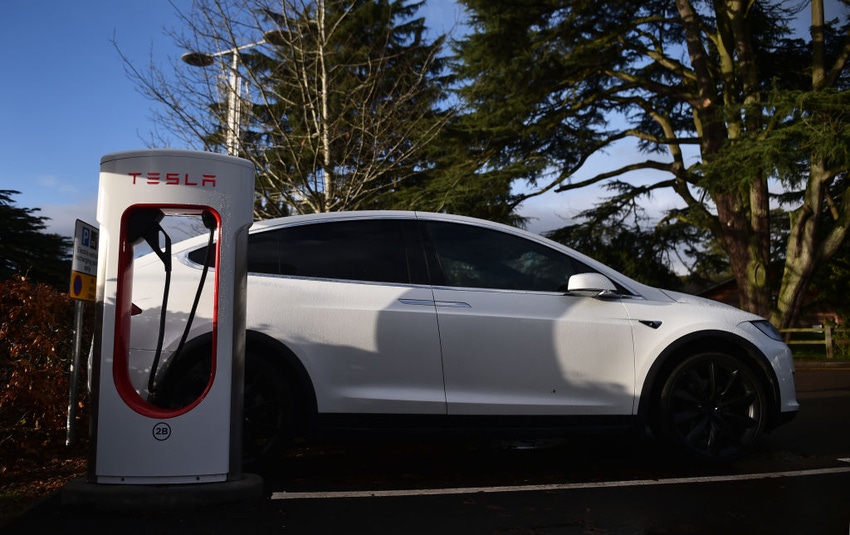 Image shows a Tesla car charged at electric vehicle charging pod point at Trentham Estate on December 10, 2021 Image shows a Tesla car charged at electric vehicle charging pod point at Trentham Estate on December 10, 2021