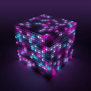 Image shows: Three dimensional memory cube, the representation of cloud computing or quantum computing.