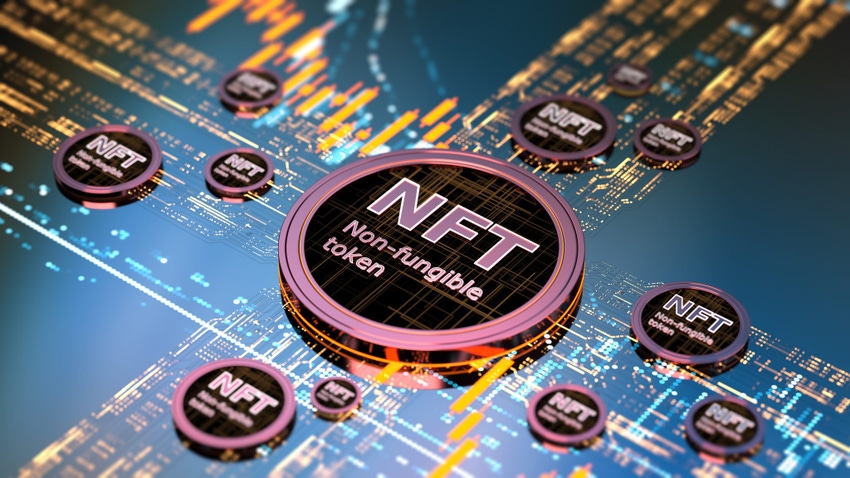 Image shows a 3D concept of a NFT non fungible token