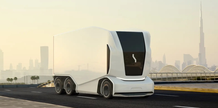 Image shows an Einride self-driving truck on a road.