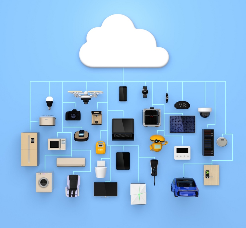 Concept illustration of IoT and consumer devices connected by a cloud computing service