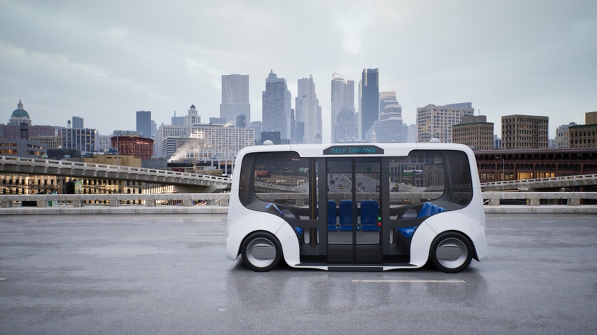 Image shows a concept of an autonomous electric bus self driving on street.