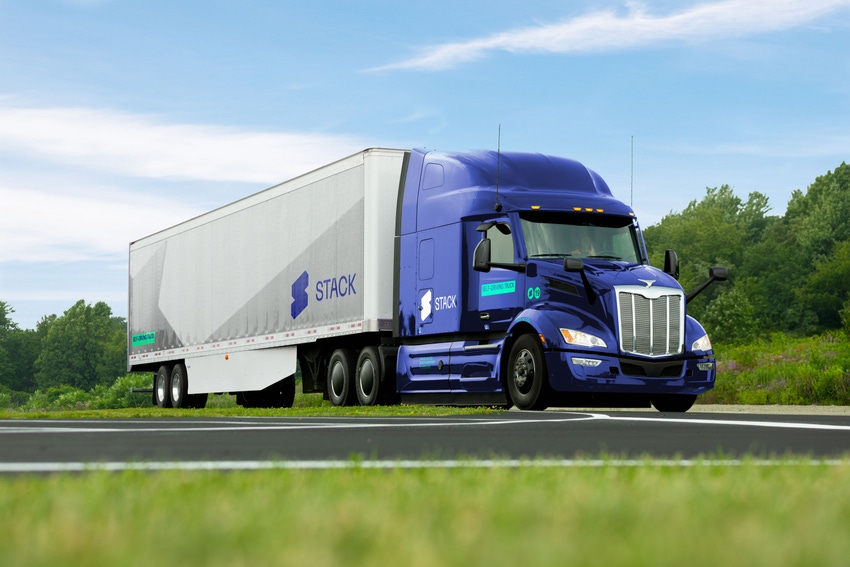 A Stack AV self-driving truck on a highway. A Stack AV self-driving truck on a highway.