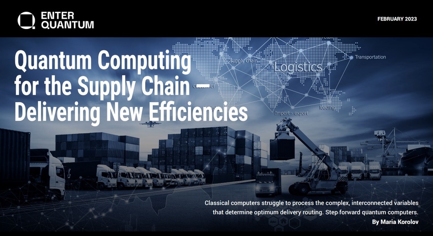 Quantum computing for the supply chain report cover with a background image of trucks and containers in shade of blue
