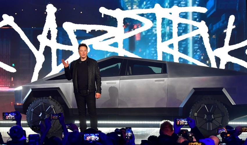 Image shows Tesla co-founder and CEO Elon Musk introducing the newly unveiled all-electric battery-powered Tesla Cybertruck a