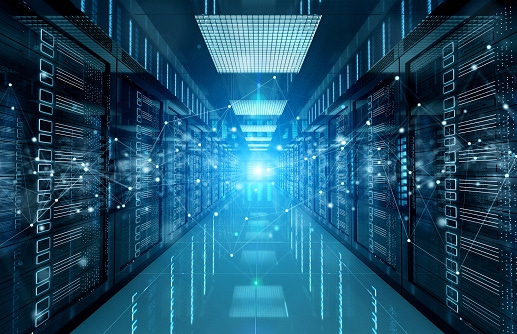 Image shows a connection network in dark servers data center room storage systems, 3D rendering. Image shows a connection network in dark servers data center room storage systems, 3D rendering.
