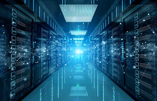 Image shows a connection network in dark servers data center room storage systems, 3D rendering.