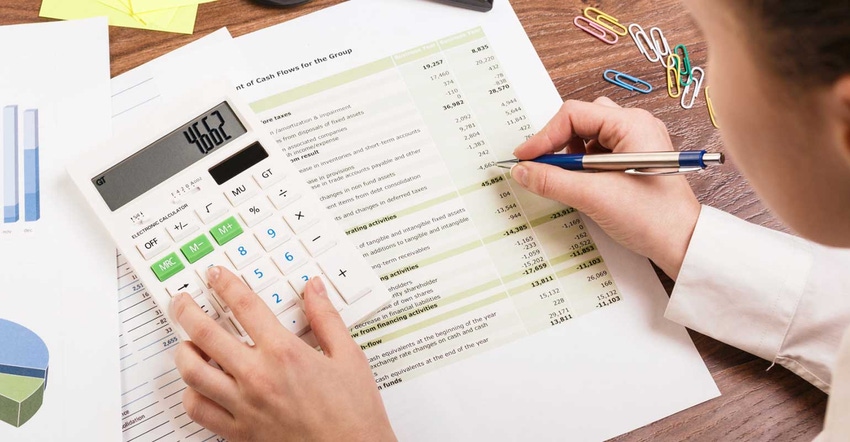 Woman with calculator and financial analysis form Woman with calculator and financial analysis form